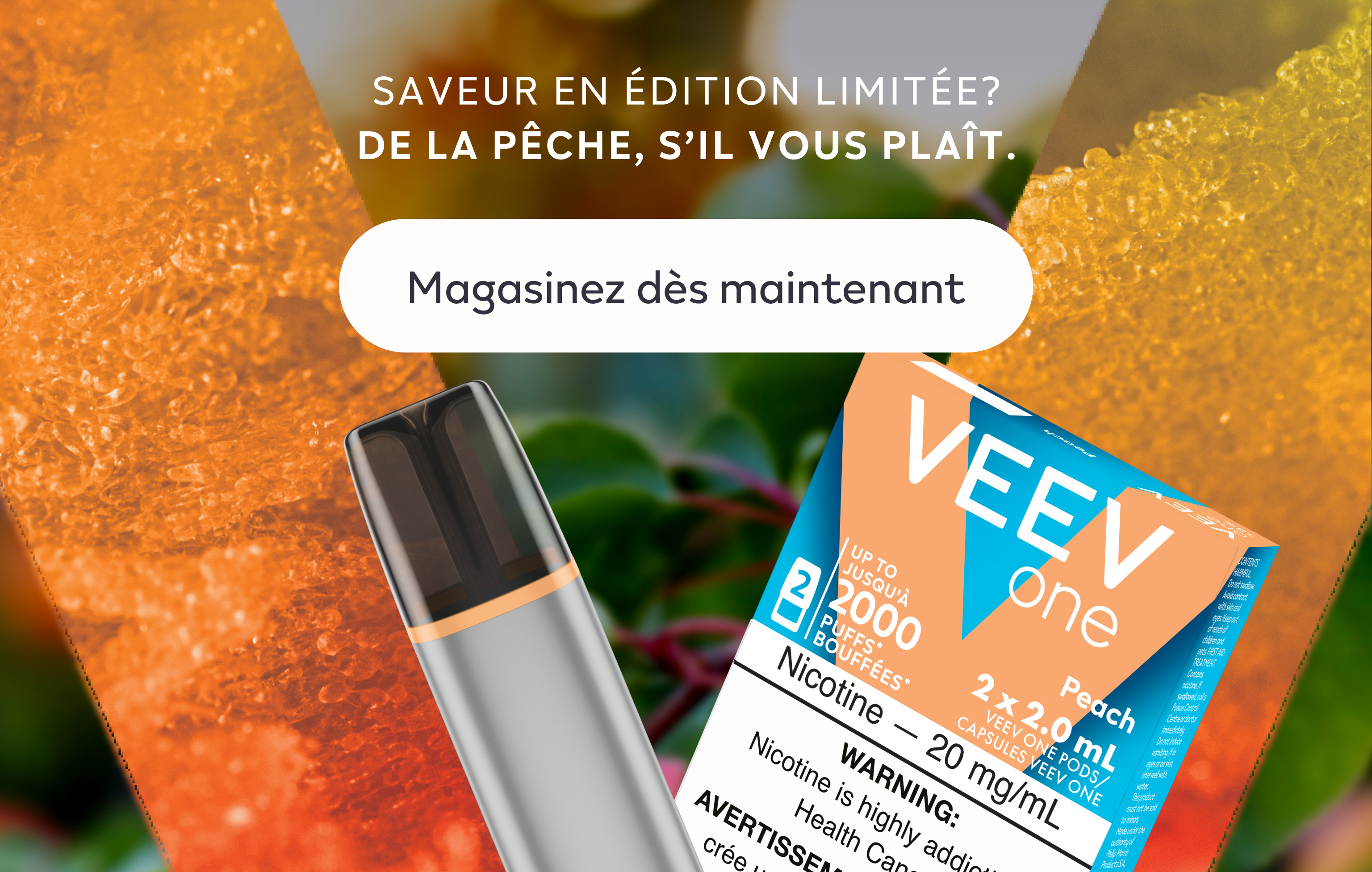 VEEV ONE vape and pack of  pods on orange background